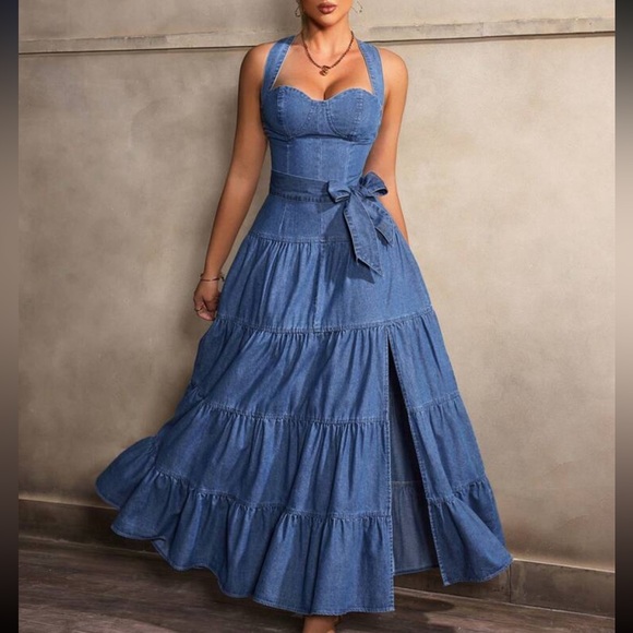 Boho Women Dark Wash High Slit Criss Cross Back Ruffle Hem Long Denim Dress - Picture 5 of 6